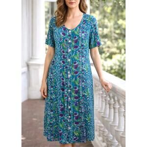 La Cera Medium Green Purple Floral Midi Dress Button Front‎ Design Short Sleeves
